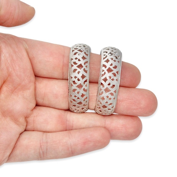 Vintage Lewis Segal Hoop Earrings Silver Tone Openwork Large Statement Hoops - Picture 5 of 6